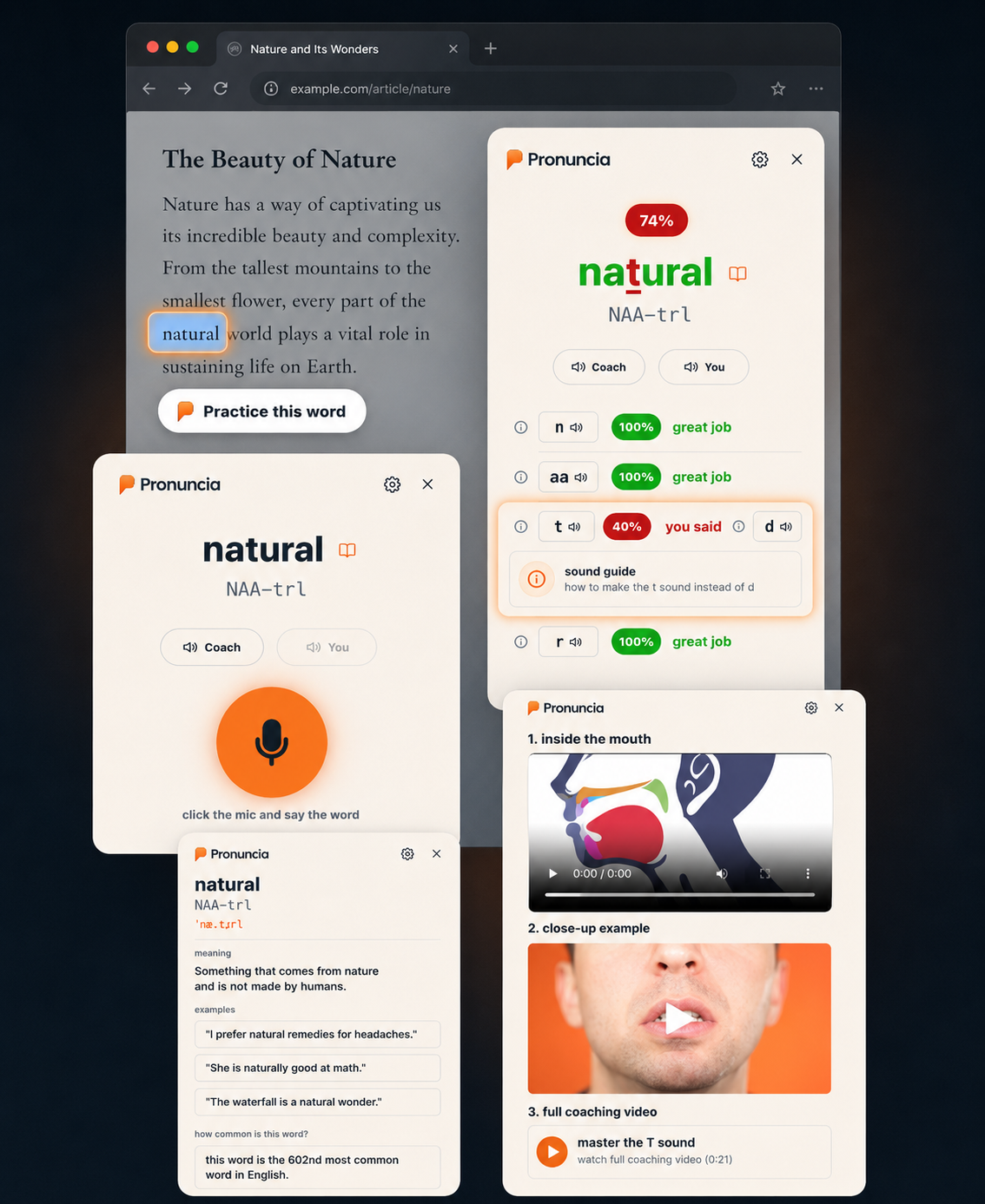 Pronuncia Chrome extension practice card on a webpage