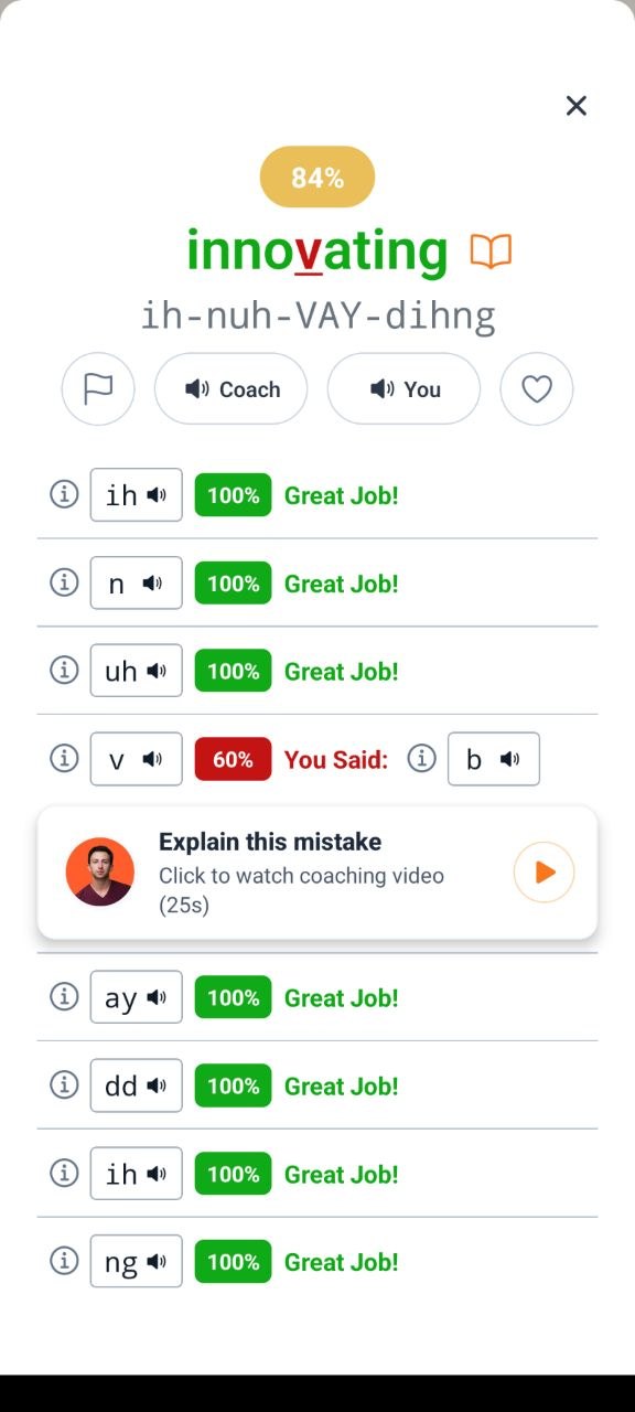 Pronuncia word-level AI feedback for innovative